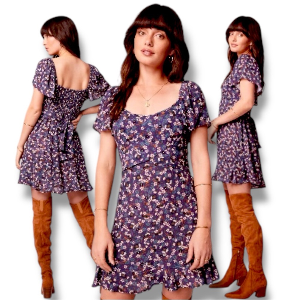 BAND OF THE FREE Purple Floral Tie Back Dress – Flutter Sleeve/Smocked Large NWT